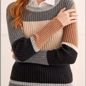 Tribal Ribbed Color Block Crew Neck Sweater Grey Black Brown Wool Blend, Size XL